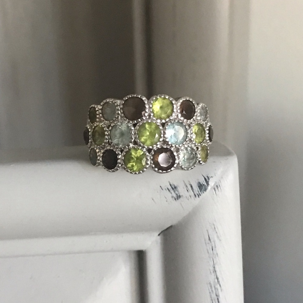 Sterling Silver Garnet, Peridot & Aquamarine Ring